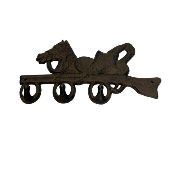 Cast Iron Western Horse Hat Wall Hanger 3 Hooks, Rustic Brown with Black Accents - Picture 1 of 4